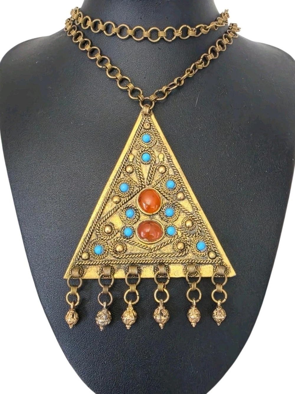 Vintage Brass Tone Triangle Pendant Necklace Dangle Middle Eastern Israel Ethnic